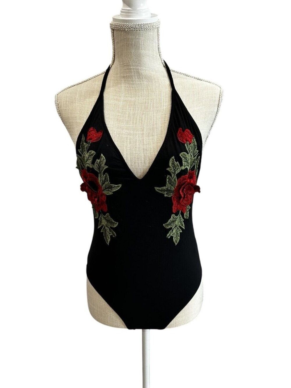 Forever 21 Black Floral Embroidered Halter Bodysuit Womens S